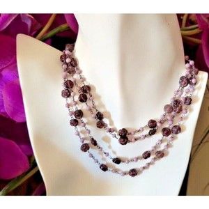 Antique Art Deco Amethyst Color Molded Flower Glass Beads Flapper Necklace 54"